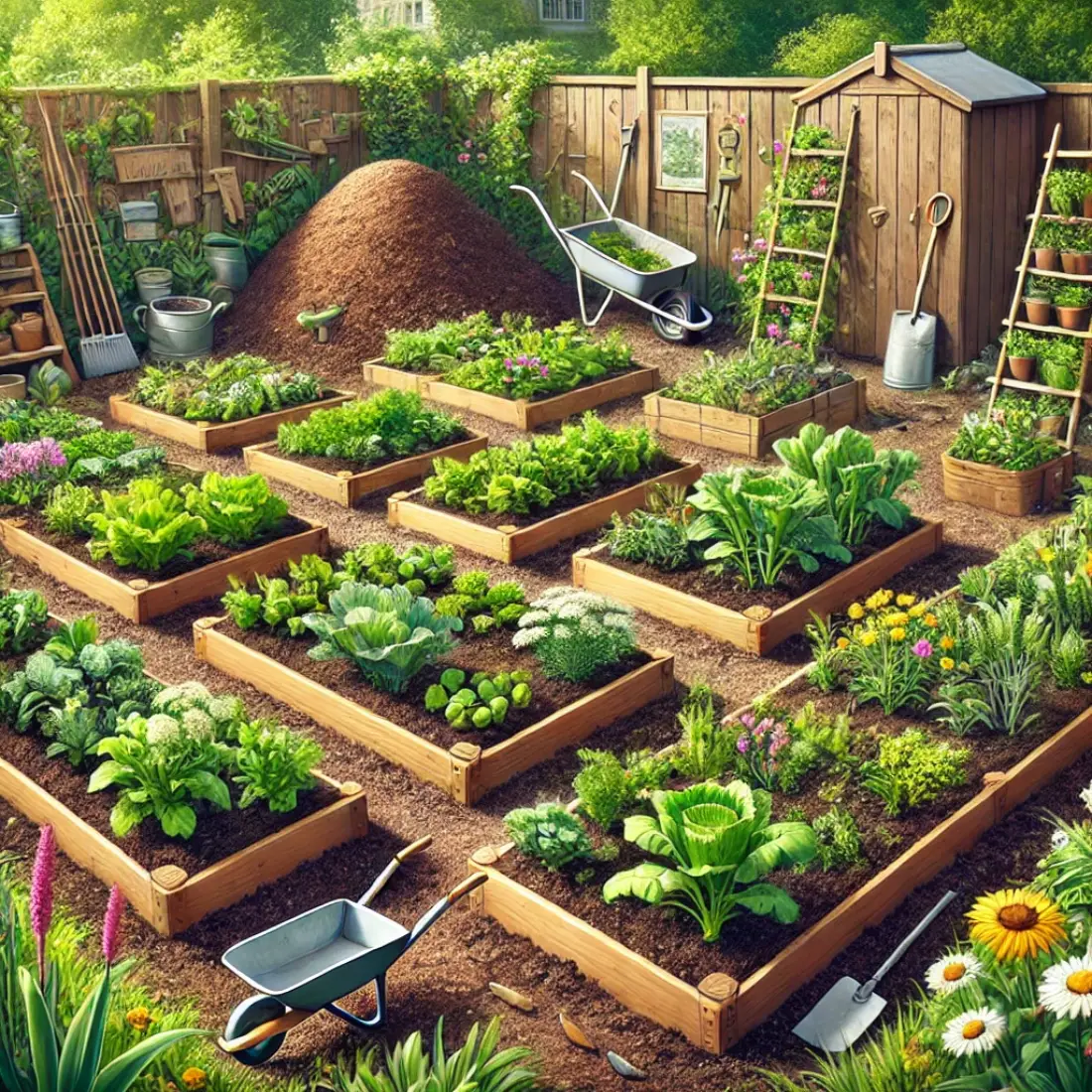 Lush no-dig garden with raised beds covered in mulch and compost, surrounded by flowers, insects, and small birds.