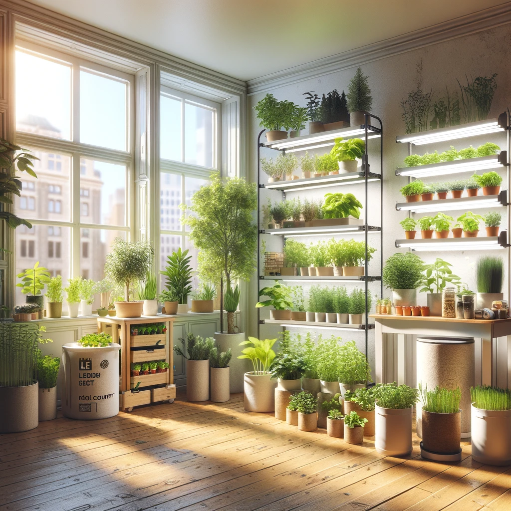 indoor organic garden setup within a home environment