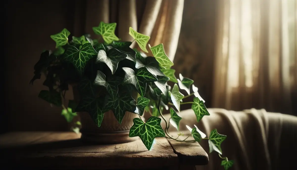 Detailed close-up of English ivy's deep green leaves under soft indirect sunlight, highlighting its air-purifying qualities