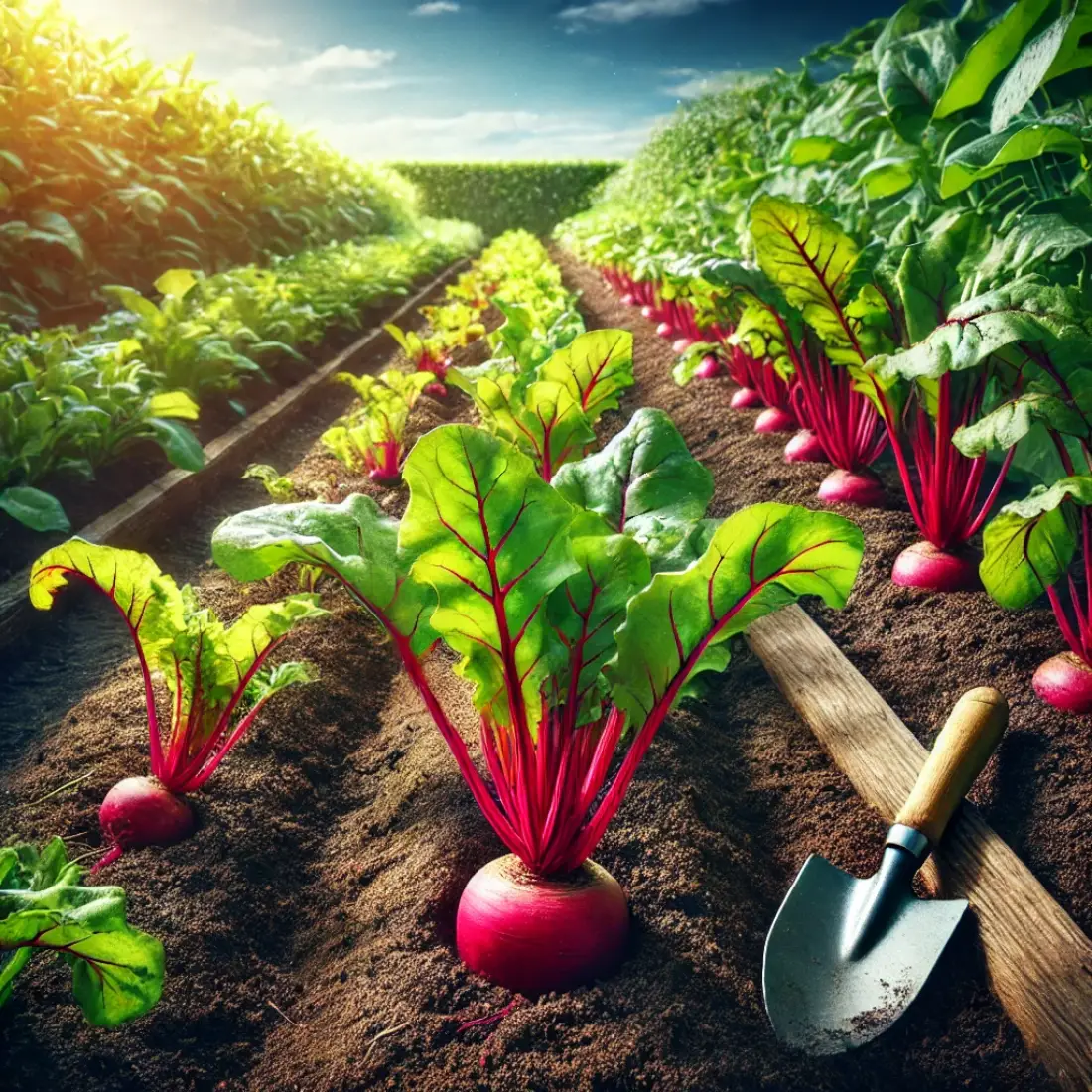 Rows of healthy beet plants in a garden with gardening tools under a clear blue sky.