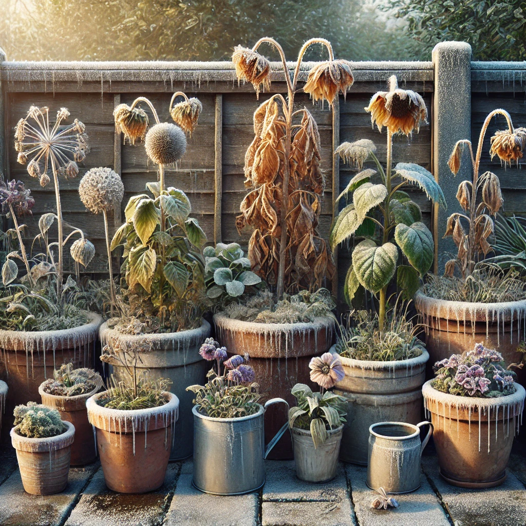 Several potted plants with freeze damage, showing wilted and browned leaves, on frosty ground under morning sunlight.