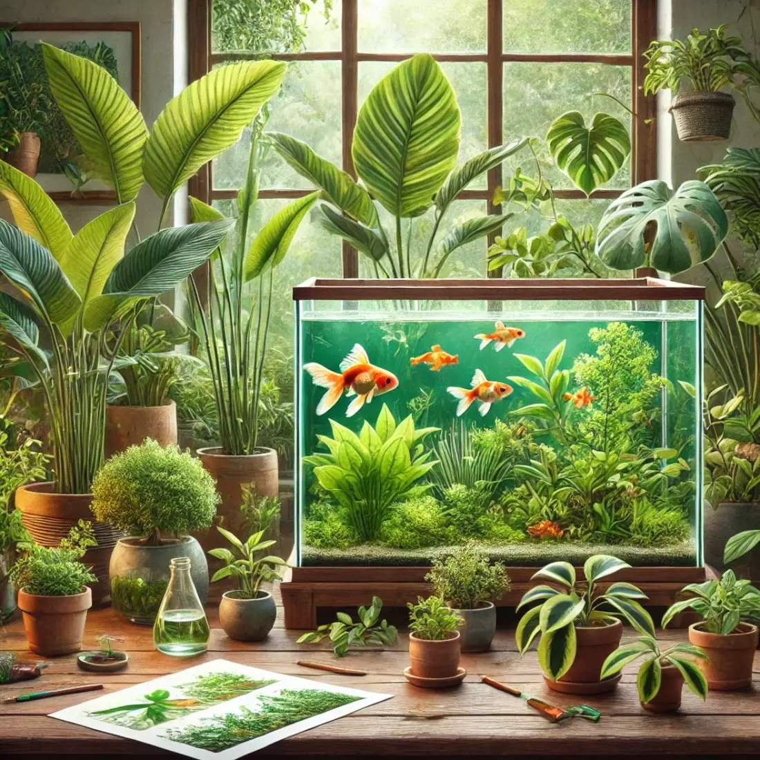 A small aquarium with goldfish on a wooden table, surrounded by vibrant houseplants in a cozy, sunlit room.