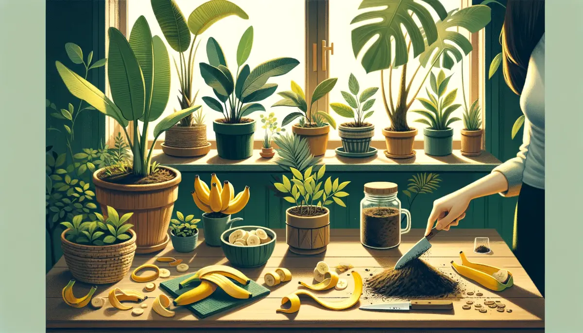 Image of a cozy indoor setting with someone applying banana peels to houseplants, showcasing methods like soil enrichment, watering with banana peel tea, and leaf shining