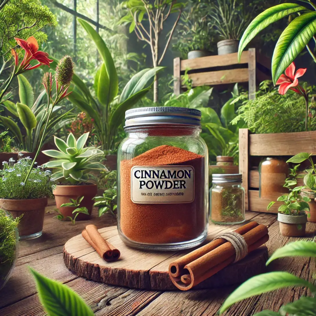 Jar of cinnamon powder on a wooden table surrounded by lush plants and flowers in an organic garden setting.