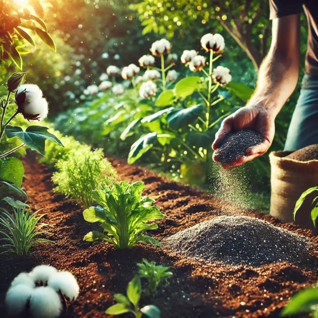 Lush garden with healthy plants thriving in soil enriched with cottonseed meal, with a gardener applying the natural fertilizer.