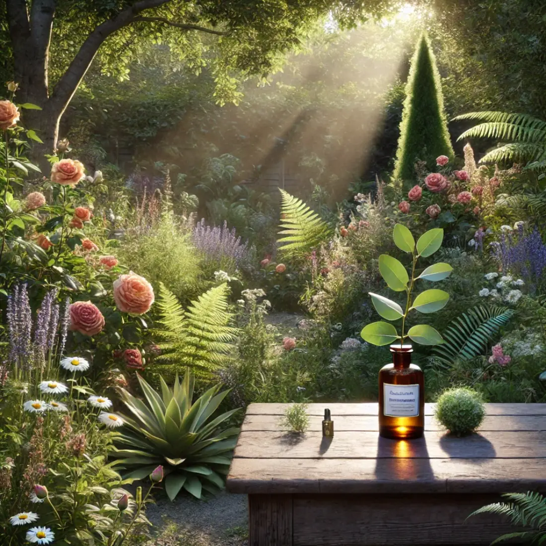 Prominent bottle of eucalyptus oil on a rustic wooden table in a lush garden with vibrant plants and flowers.