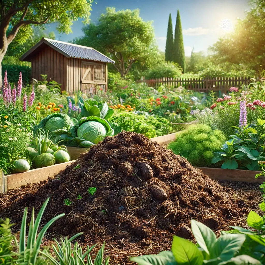 Thriving organic garden with diverse plants and a manure pile in the foreground, under a sunny sky with a wooden fence.