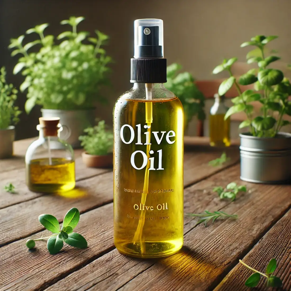 Transparent spray bottle labeled "Olive Oil" filled with rich yellow liquid, placed on a rustic wooden table surrounded by lush green plants.