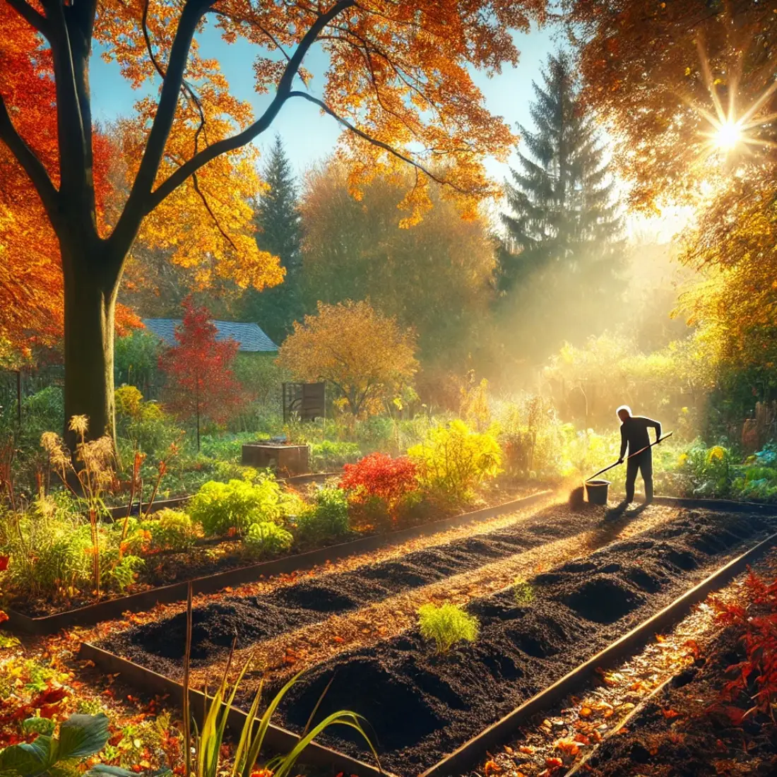 Peaceful fall garden with a gardener spreading organic fertilizer on rich, moist soil surrounded by colorful autumn leaves.