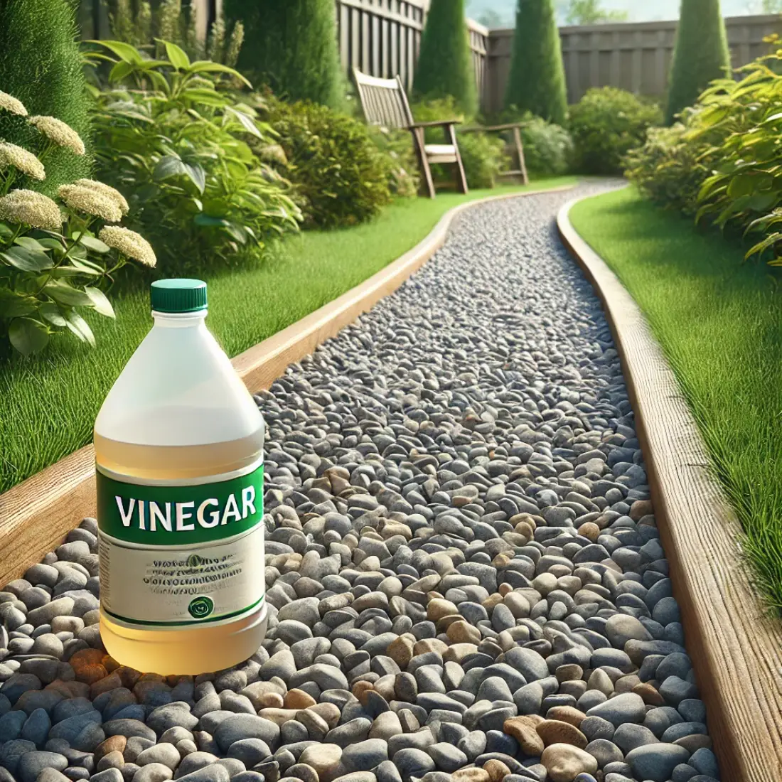 Clean gravel path in a garden with grass on either side, a bottle labeled 'Vinegar' in the lower right corner on a sunny day.