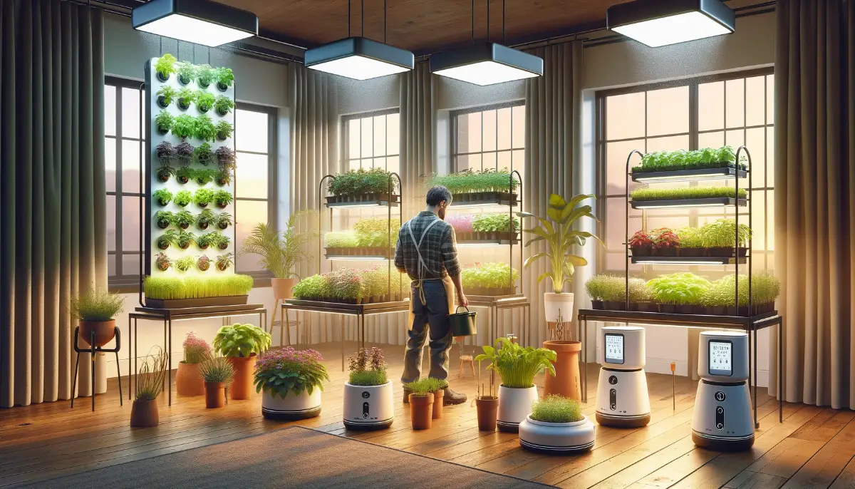 Showcase of a modern indoor garden with automated watering, AeroGardens, and vibrant plant growth.