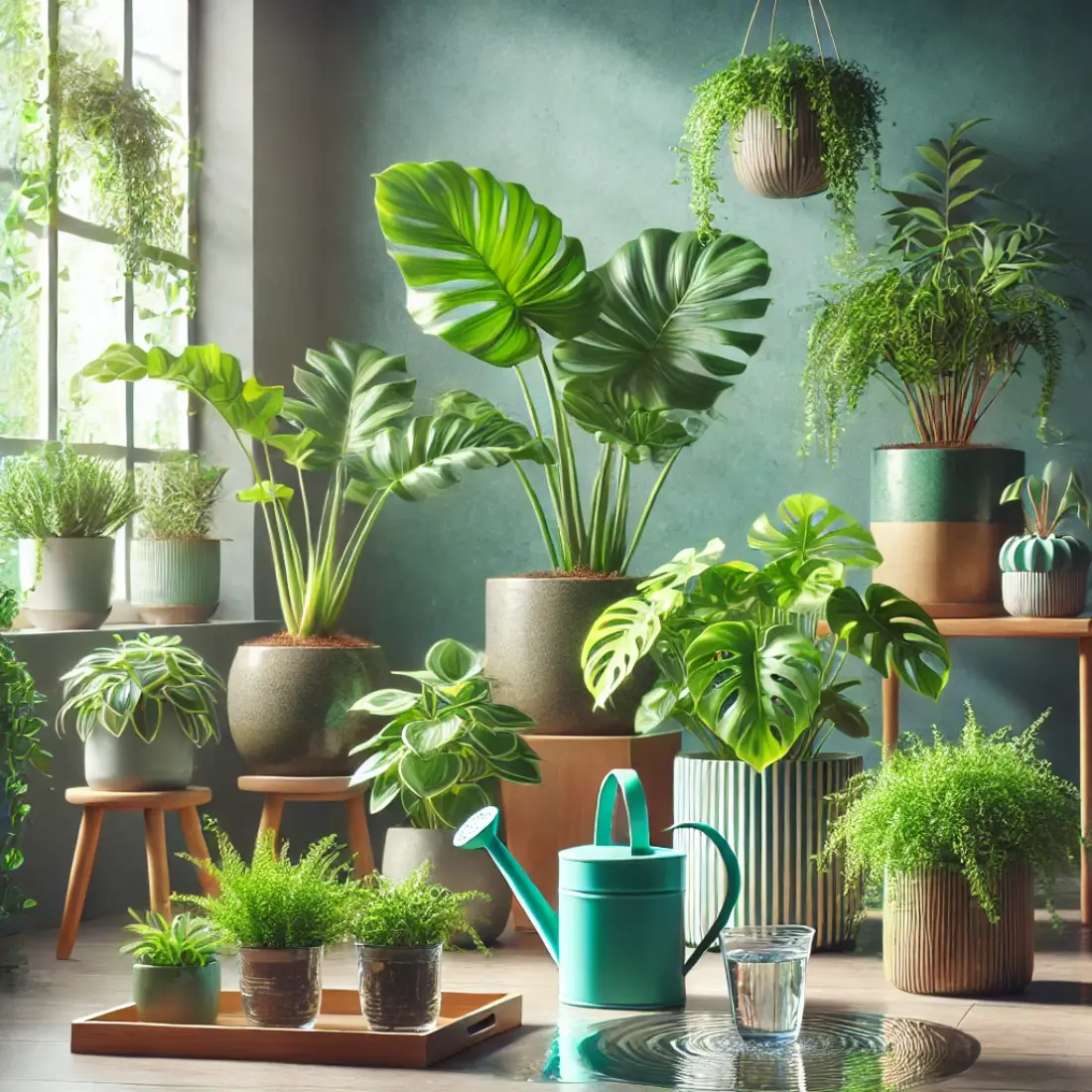 A vibrant front image showcasing various indoor plants, including pothos, ferns, and succulents, in modern pots with visible drainage holes. A watering can is seen pouring water into one of the pots, while a shallow tray and a clear bucket nearby represent bottom watering and soaking methods. The scene is set in a bright, naturally lit indoor space with sunlight streaming through a window, creating a clean, fresh, and inviting atmosphere for indoor gardening enthusiasts.