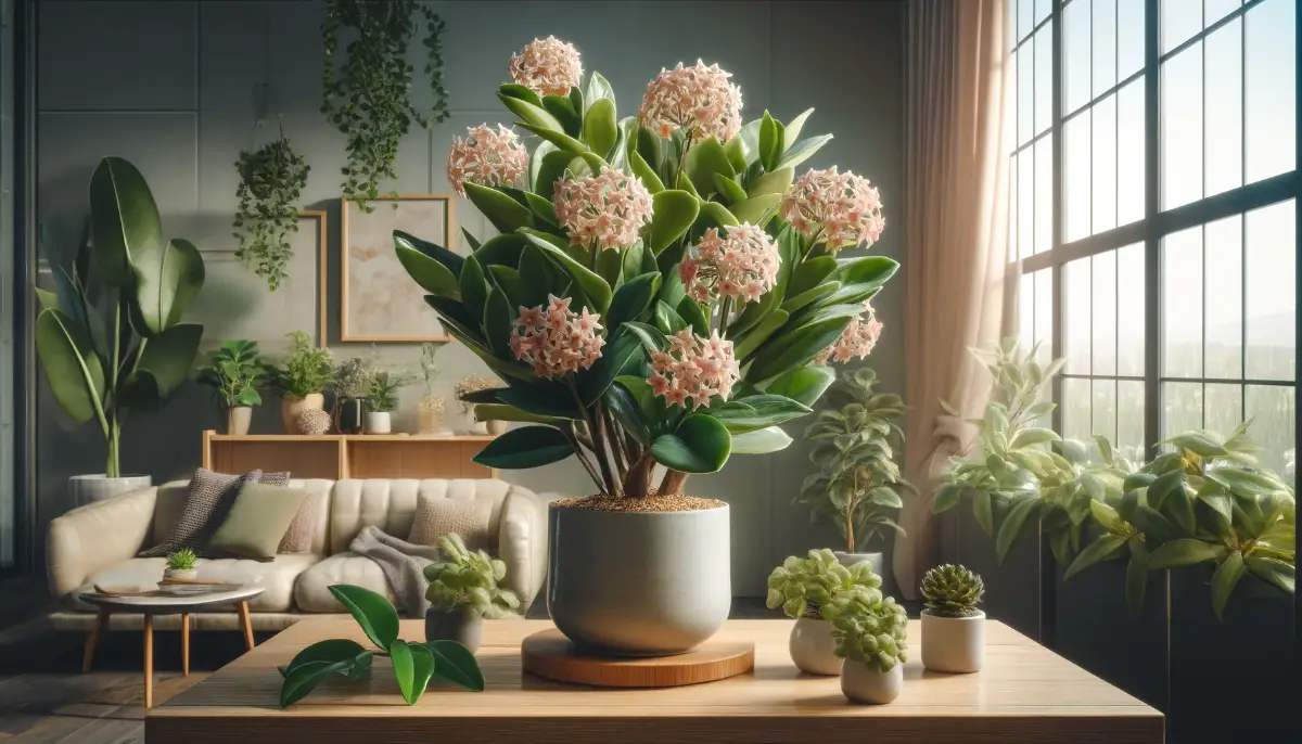 Lush Hoya Carnosa with star-shaped flowers in a ceramic pot, set in a diverse, well-lit indoor garden.