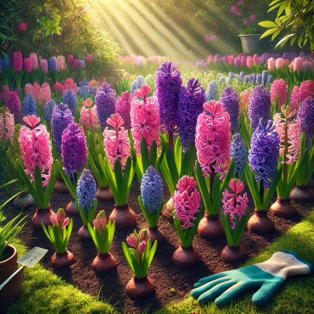 A vibrant garden with pink, purple, blue, and white hyacinths blooming in neat rows under full sunlight, with gloves nearby.