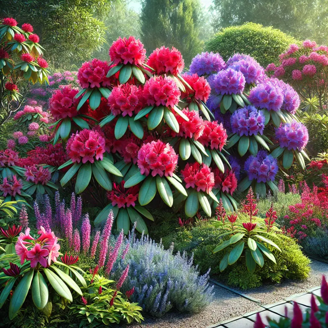 Hybrid rhododendrons with vibrant red and purple blooms in a well-maintained garden, surrounded by lush greenery and a garden path.