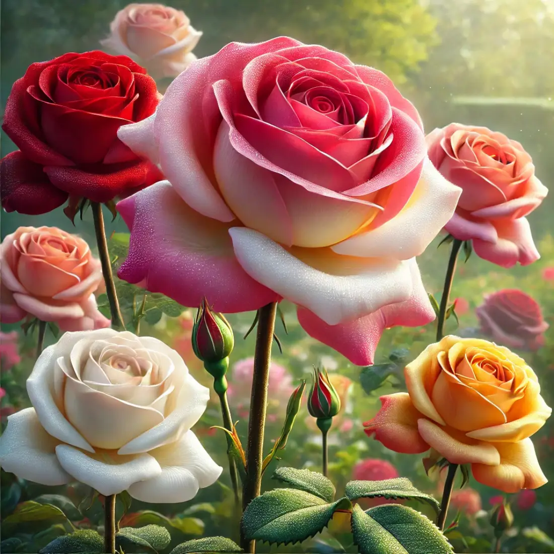 Close-up of vibrant Hybrid Tea Roses in red, pink, white, and yellow, with dew on petals and lush green foliage.