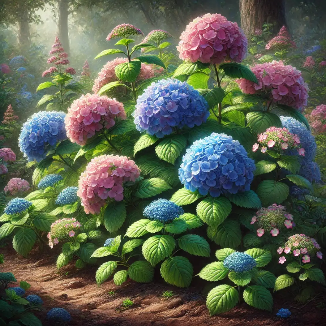 Close-up of vibrant hydrangeas with blue and pink blooms, surrounded by rich green leaves in a partially shaded, well-watered garden.