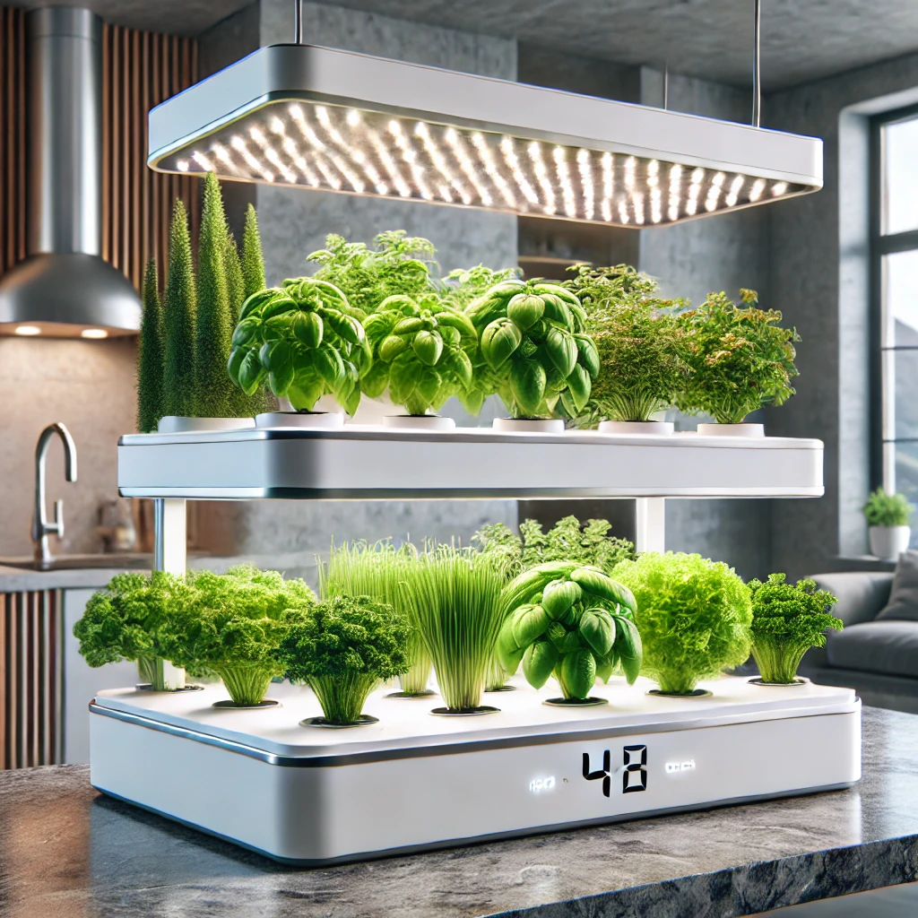 A realistic hydroponic system for indoor gardening displayed on a modern countertop. Rows of vibrant green plants, including basil, lettuce, and parsley, grow in a soilless setup rooted in nutrient-rich water within a sleek white unit. LED grow lights above cast a soft glow, with a clean, minimalist kitchen in the background illuminated by natural light.