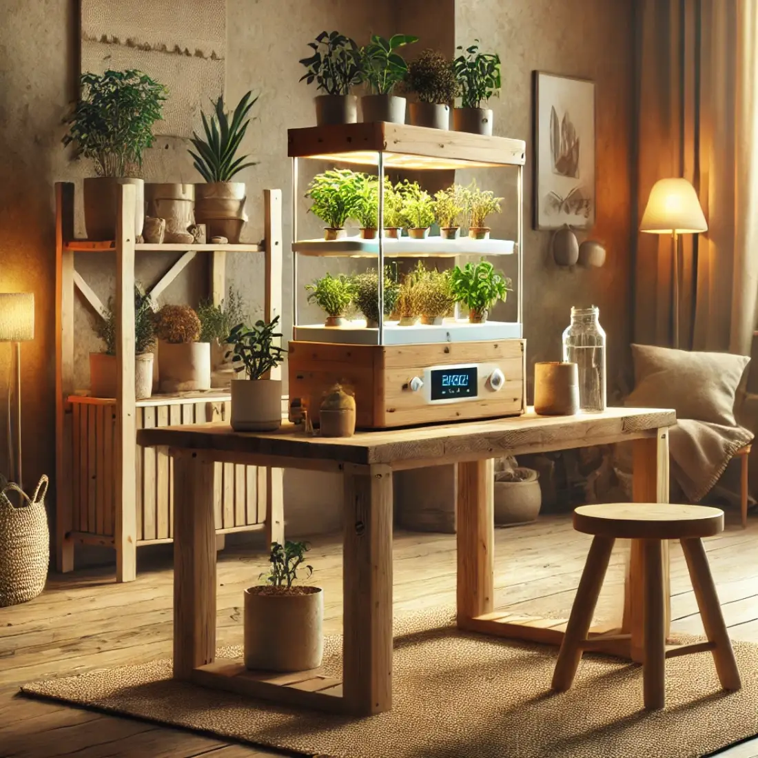 A simple hydroponic system with a few plants on a rustic wooden table in a cozy room with warm lighting, natural decor, and a harmonious organic design.