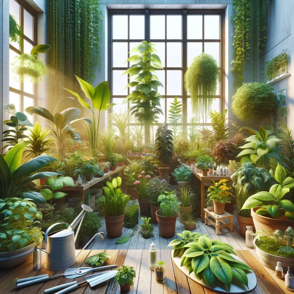 Indoor garden with healthy green plants and some with yellowing leaves and stunted growth, well-lit by natural light through large windows, with gardening tools nearby.