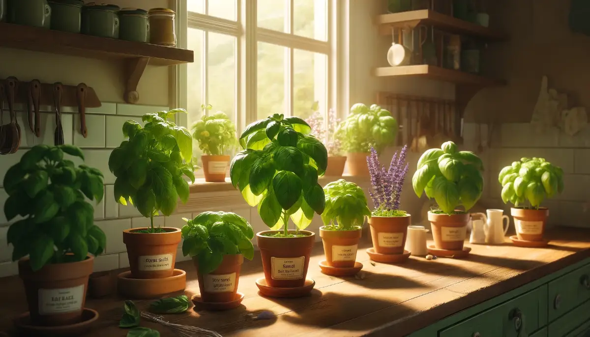 Varieties of basil, including Lemon and Purple Basil, thriving in terracotta pots on a sunny kitchen windowsill, inspiring culinary creativity