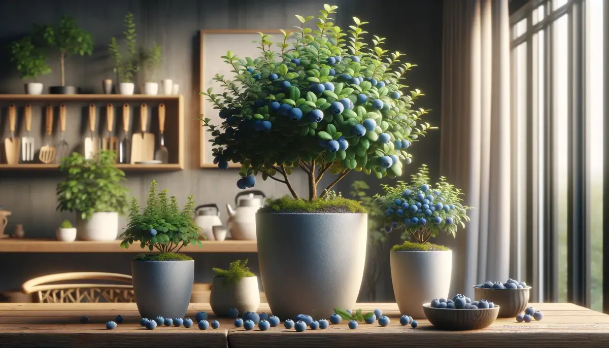 Indoor scene with 'Top Hat', 'Sunshine Blue', and 'Northsky' blueberry plants in containers, illuminated by natural light in a modern kitchen