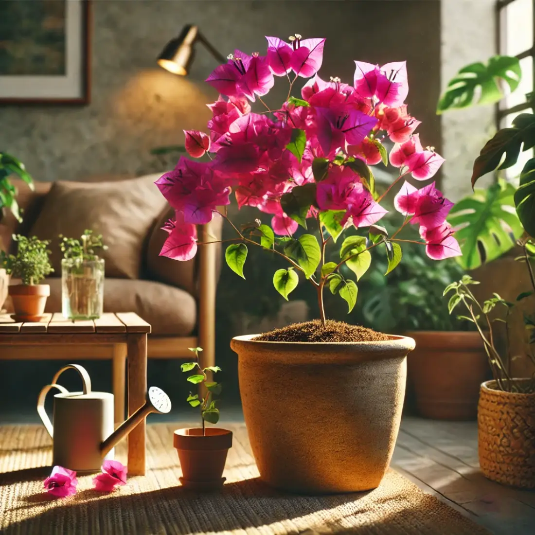 Vibrant bougainvillea with magenta bracts in a rustic clay pot near a window, surrounded by warm wooden furniture and soft sunlight.