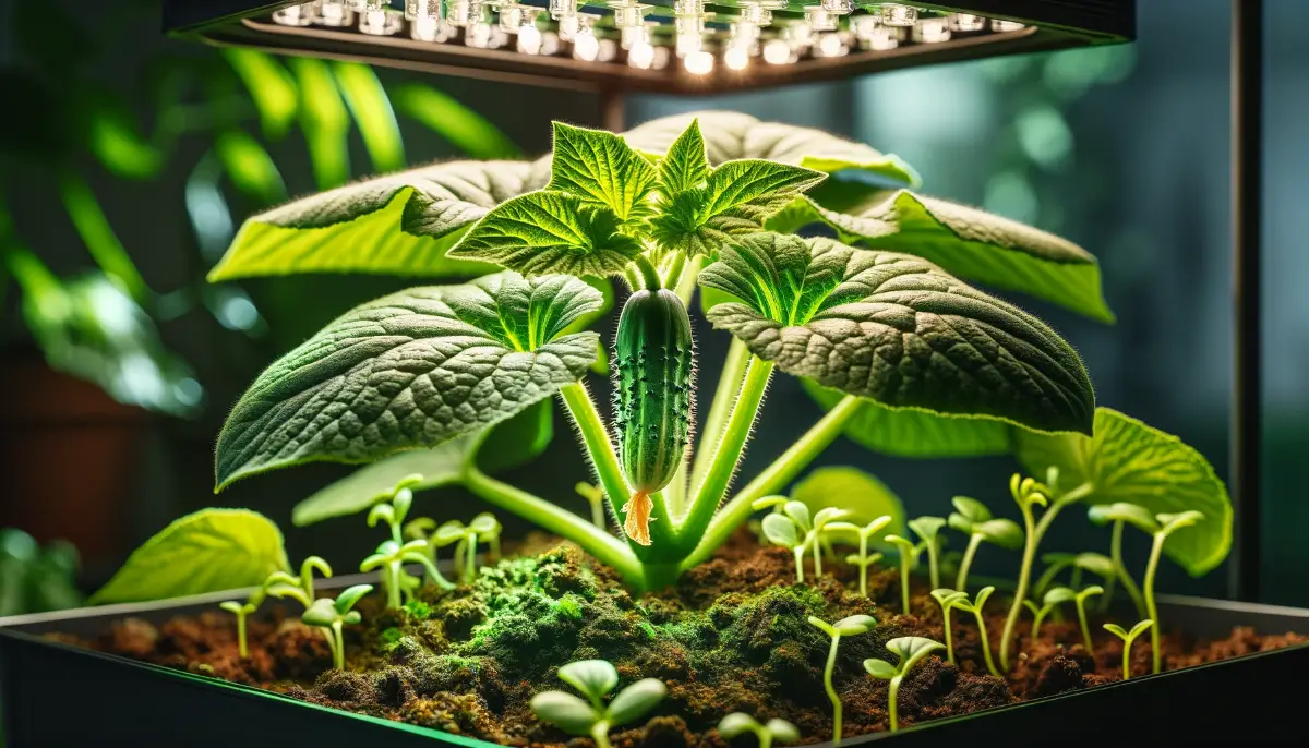 Detail of a lush indoor cucumber plant with emerging cucumbers in a pot, illuminated by a full-spectrum grow light.