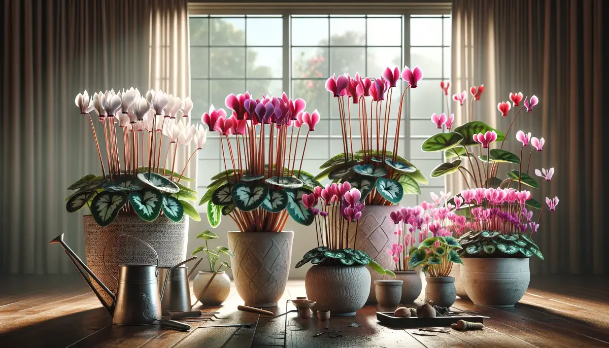 Indoor garden scene featuring pots of cyclamen with pink and white blooms, a watering can, and trowel, in a sunlit room with wooden floor