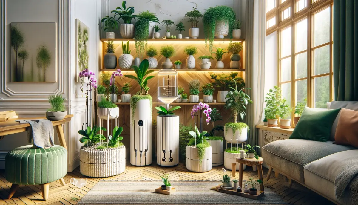 Cozy home corner showcasing a lush indoor garden with self-watering systems like drip irrigation and stylish pots, blending technology with nature