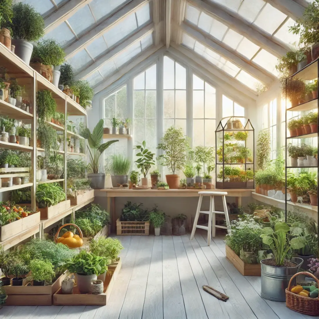 A modern indoor greenhouse with various thriving plants, herbs, and flowers in a bright room with large windows, equipped with shelves, pots, grow lights, and gardening tools.