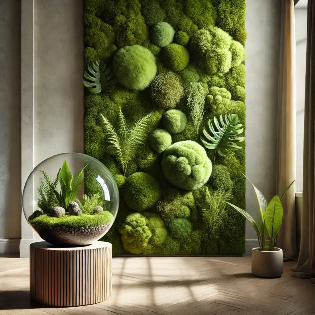 A serene indoor room with a moss terrarium in a glass orb and a lush moss wall, illuminated by soft natural light.