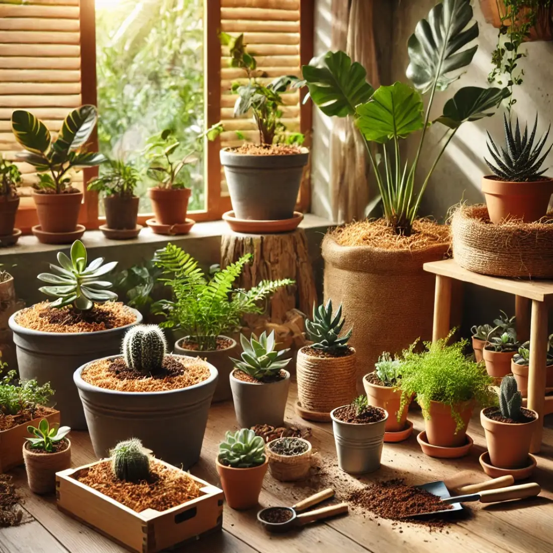 Cozy indoor scene with healthy potted plants using organic mulch like coconut coir and wood chips under warm natural sunlight.