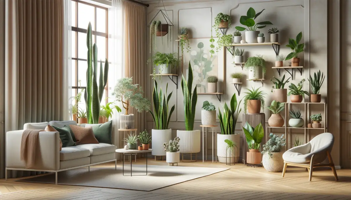 Modern living room filled with low-water plants like snake plant and ZZ plant, showcasing natural light and minimalist furniture