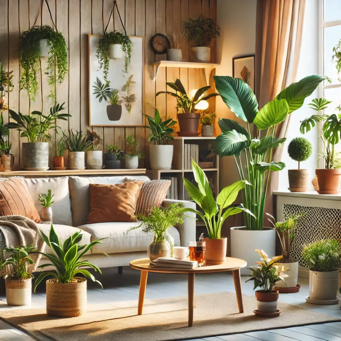 A cozy living room with popular indoor plants, some showing moldy soil and pollen shedding, lit with warm natural light.