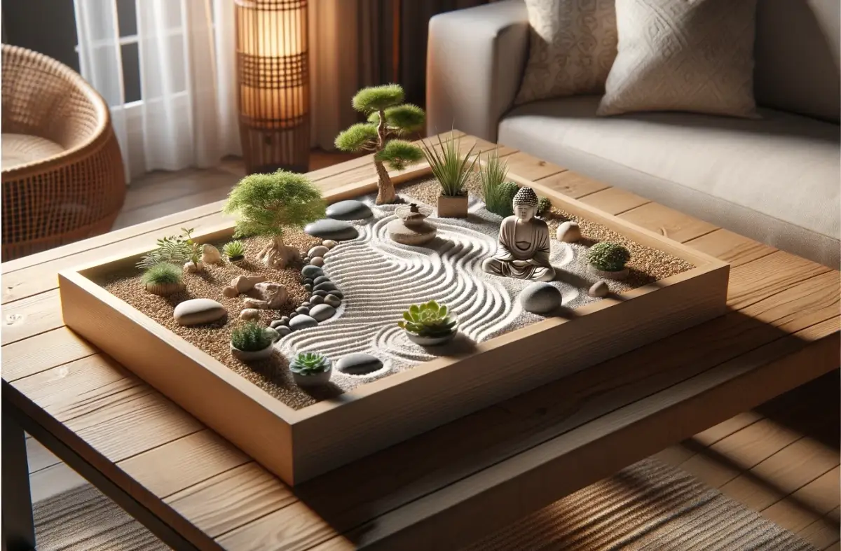 A home made indoor Zen garden in a wooden tray with raked sand, pebbles, bonsai trees, and miniature figurines, set in a modern living room