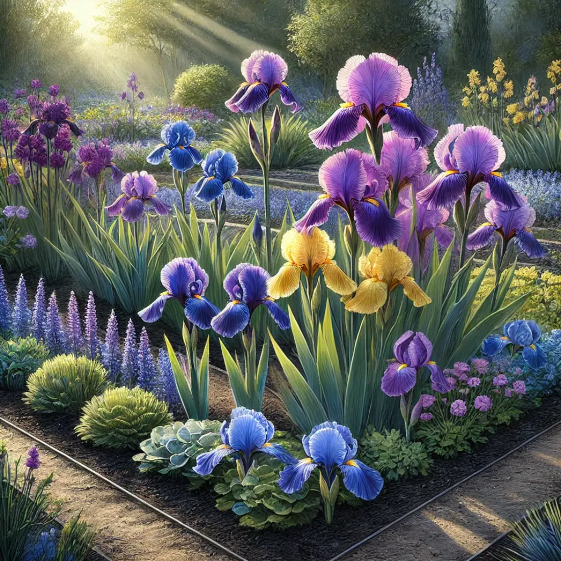 A vibrant garden with deep purple, blue, and yellow irises in full bloom, planted neatly in rich, well-drained soil under full sunlight.