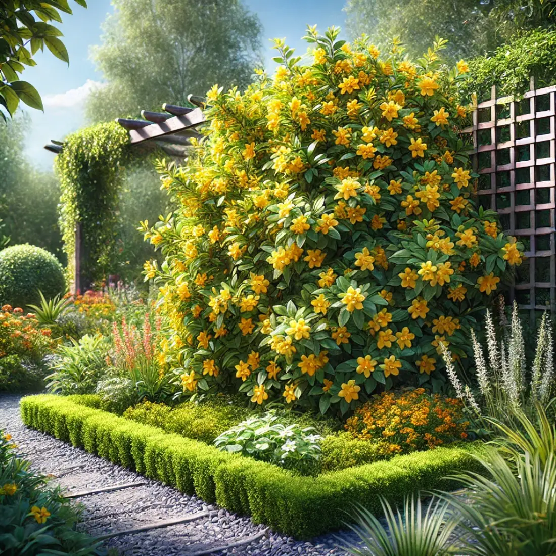 Italian Jasmine plant with bright yellow flowers growing as a hedge and climbing a trellis in a sunny, well-drained garden, surrounded by vibrant greenery and flowers.