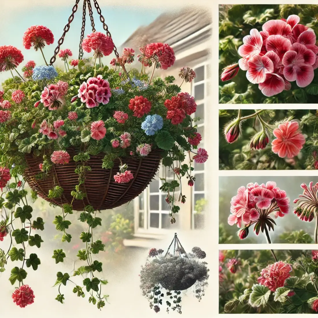 Hanging basket with clusters of red, pink, and white ivy geranium flowers, thriving in full sunlight with green foliage in a garden.