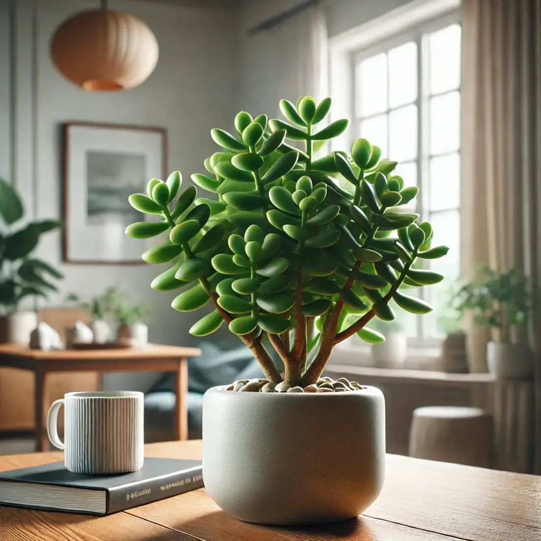 A vibrant Jade plant in a ceramic pot on a wooden table near a window with natural light, in a cozy modern home or office with minimalistic decor.