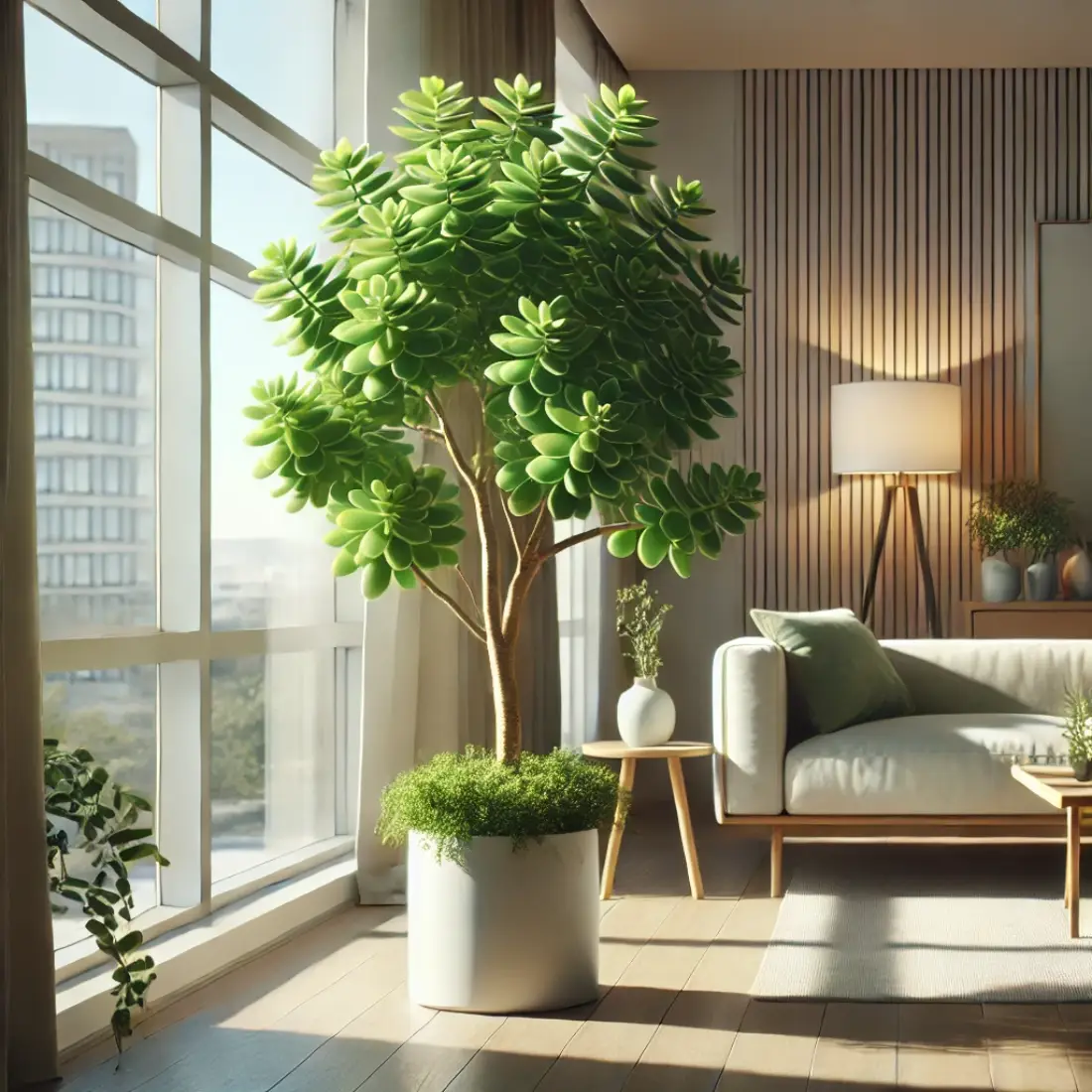 Bushy, healthy Jade Plant in a stylish pot, basking in sunlight in a modern living room with large windows, minimalistic furniture, and contemporary decor.