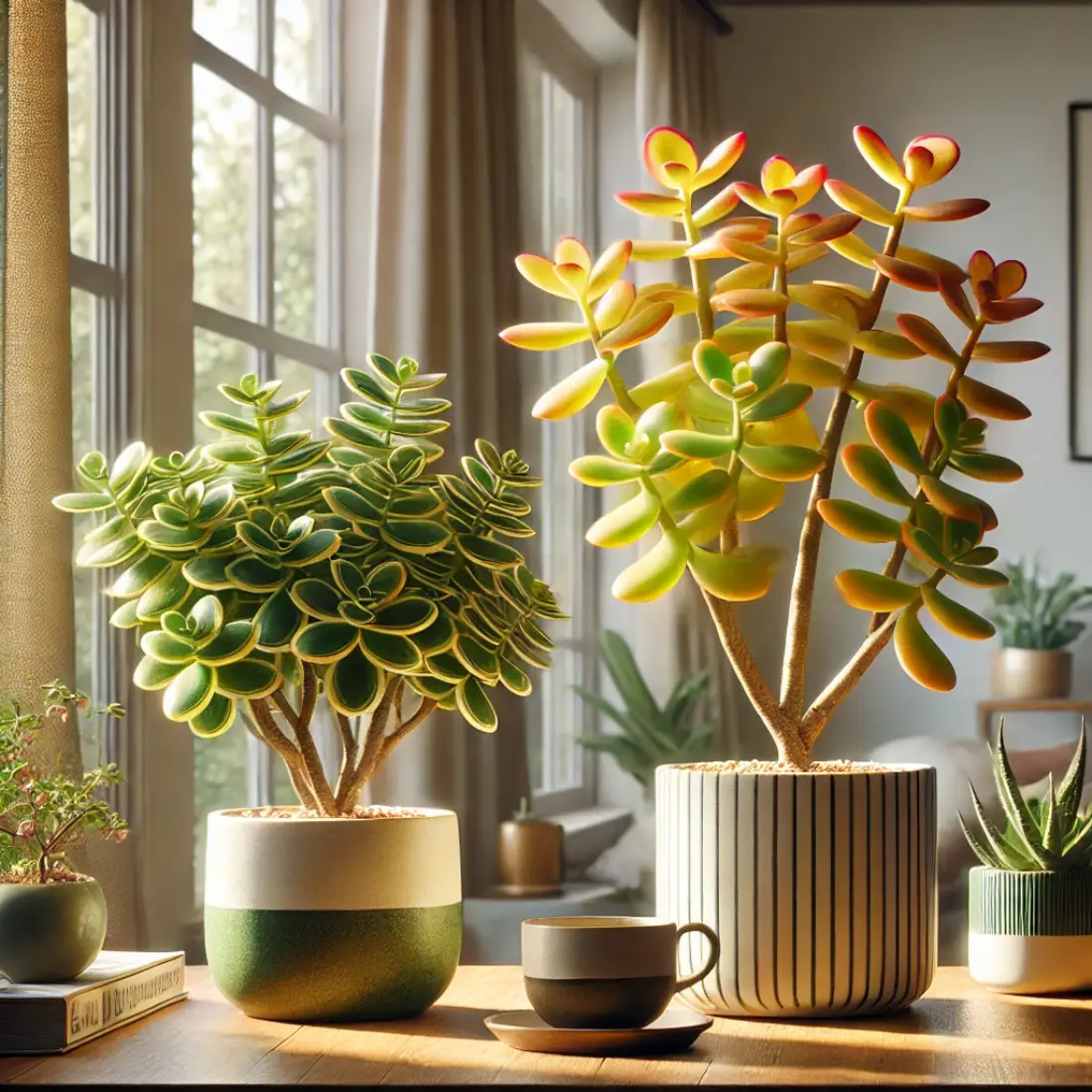 Two vibrant Jade plants, one with cream and green striped leaves and the other with yellow and red-tipped leaves, in ceramic pots on a wooden table near a window in a cozy, modern indoor setting.