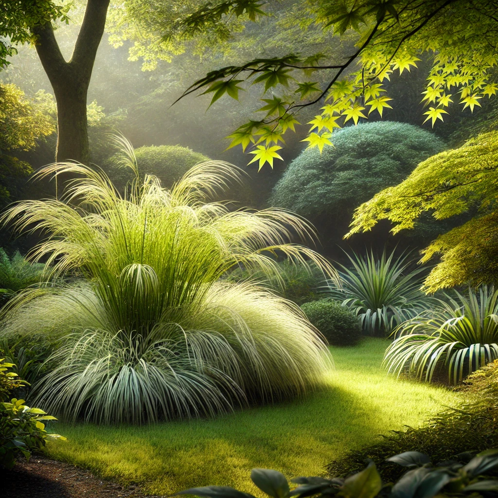 Shaded garden with graceful Japanese Forest Grass featuring cascading bamboo-like leaves in green, gold, and variegated patterns.