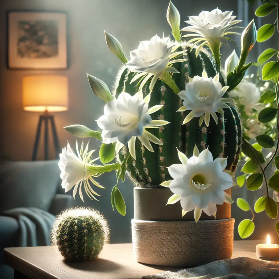 Jasmine Cactus (Epiphyllum oxypetalum) with large, white night-blooming flowers in a stylish pot, emitting a sweet fragrance in a cozy indoor space with soft lighting.