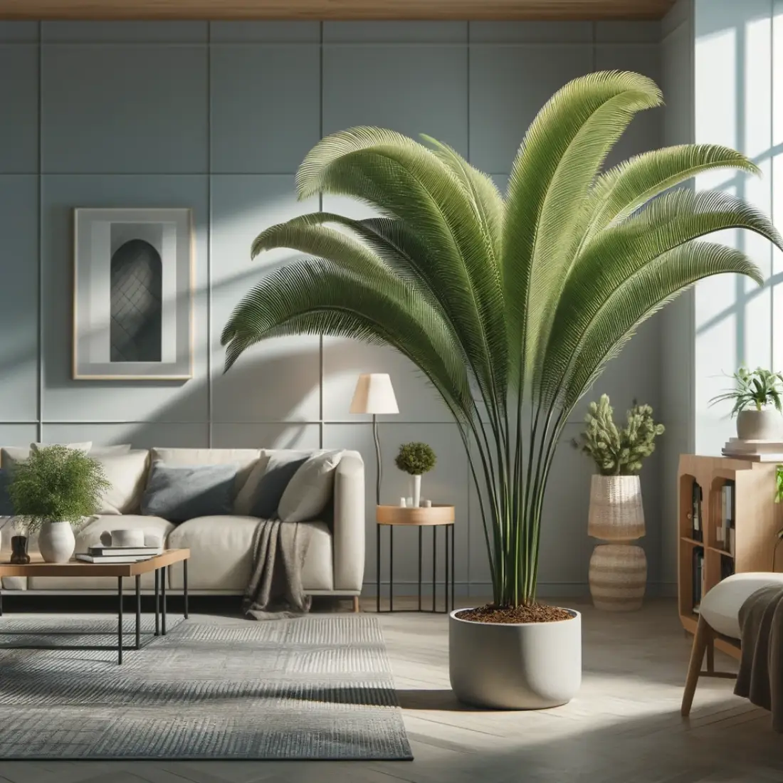 Kentia Palm houseplant with arching fronds in a stylish pot near a window in a modern living room with minimalist furniture.