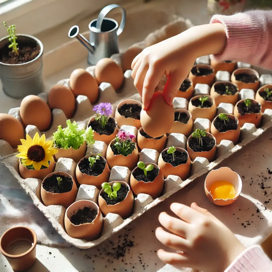 Eggshells filled with soil and seeds in a tray on a sunny windowsill, with children’s hands watering them.