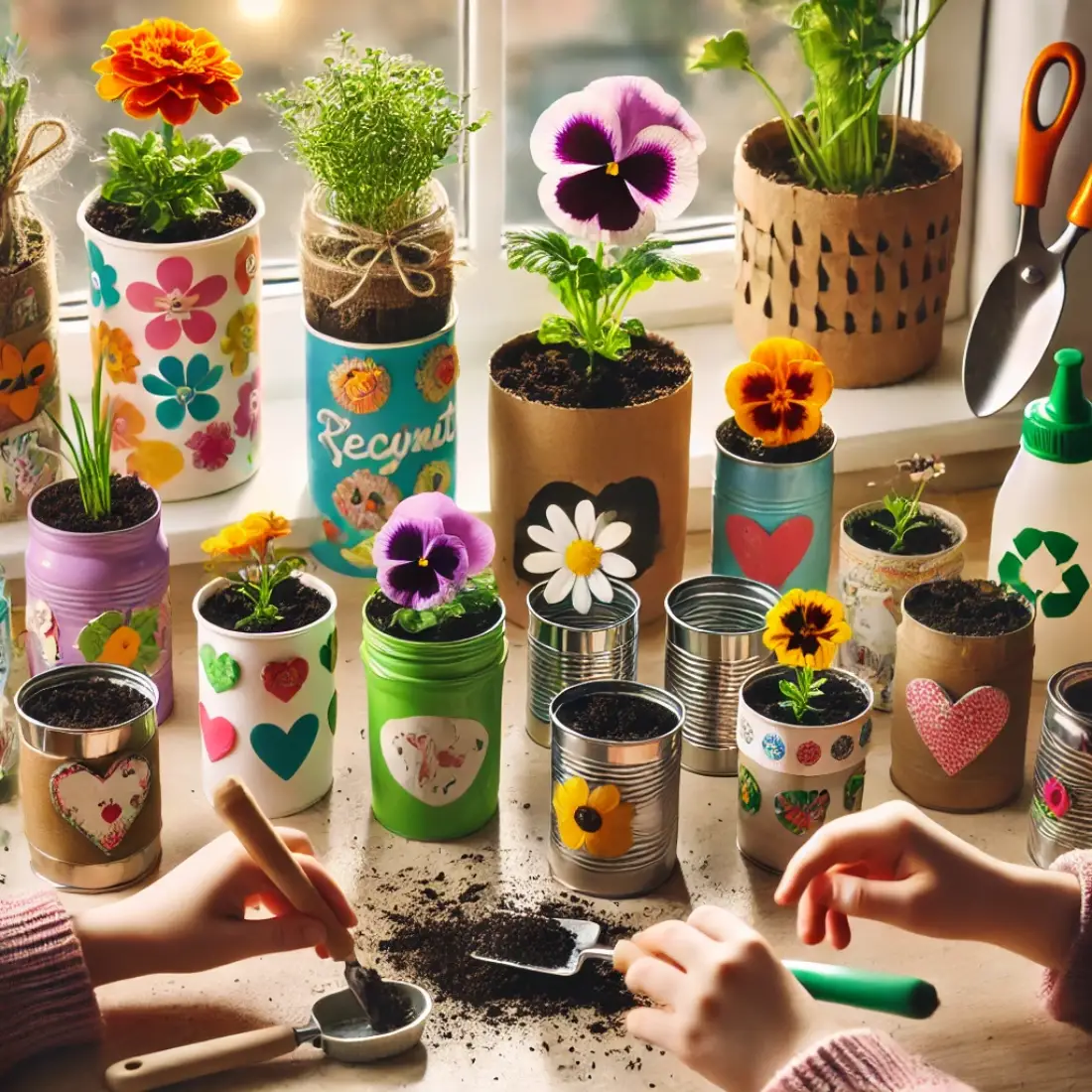 Children’s hands planting marigolds and pansies in decorated recycled containers on a bright windowsill with soil and mini gardening tools.