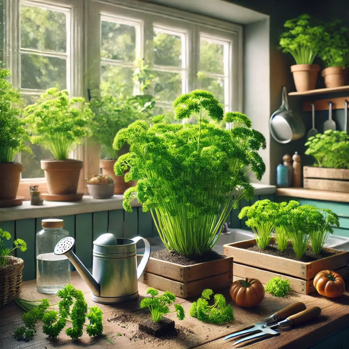 Home kitchen garden with highly detailed parsley plants in various growth stages, natural light through the window, and nearby gardening tools.