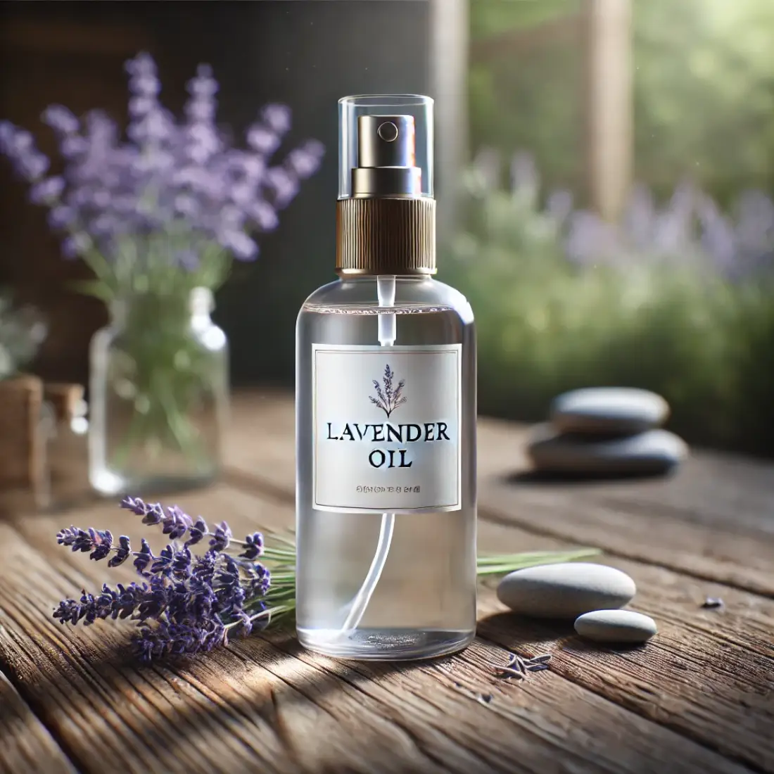 Spray bottle labeled "Lavender Oil" on a rustic wooden table surrounded by lavender sprigs and greenery in a serene, organic environment.