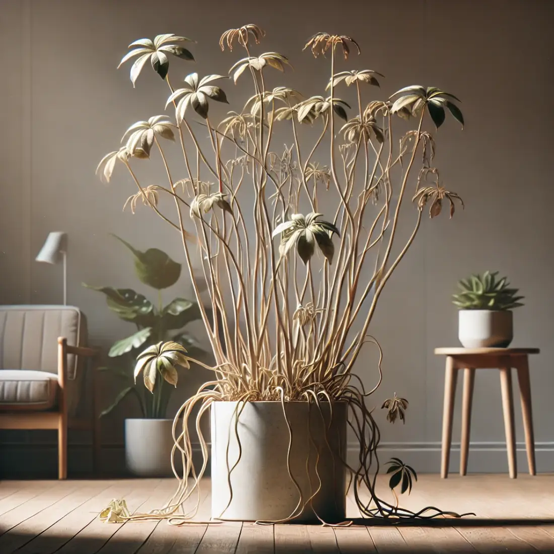 A plant with long, leggy stems and sparse leaves, showing signs of too little light in a dimly lit room with minimalistic decor.